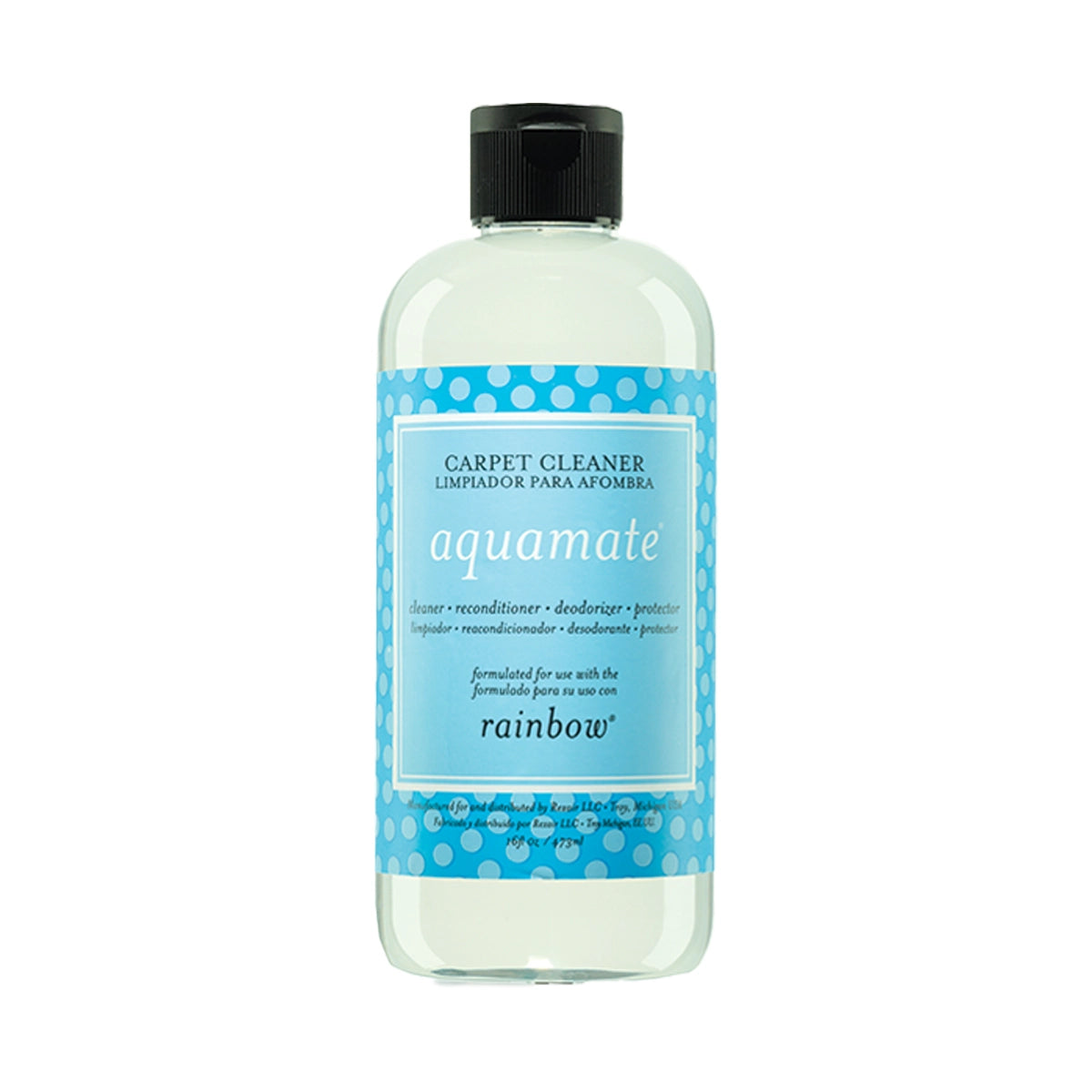 Bottle of Aquamate Rainbow carpet cleaner on a white background