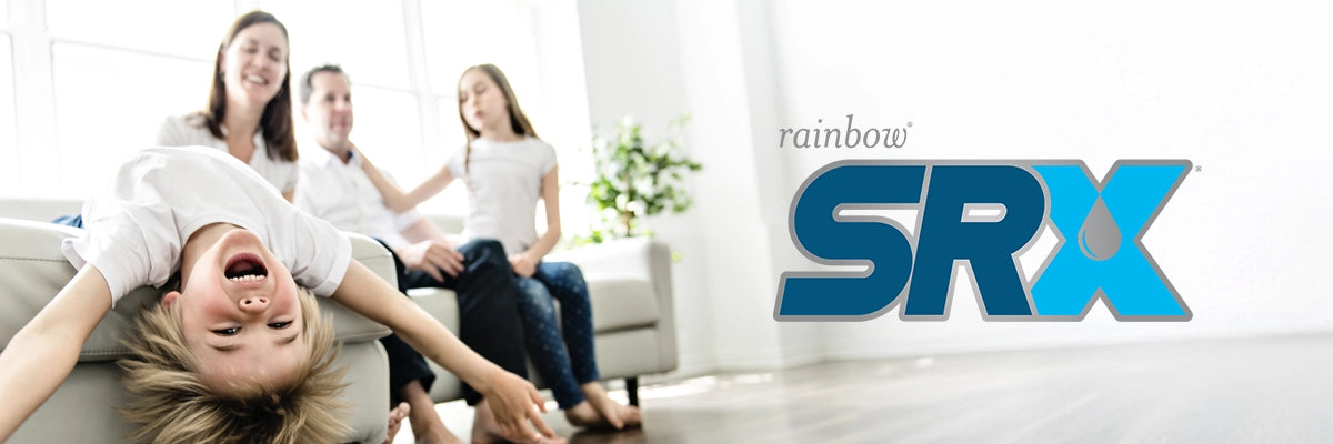 Family in a living room with 'rainbow SRX' logo on a white background