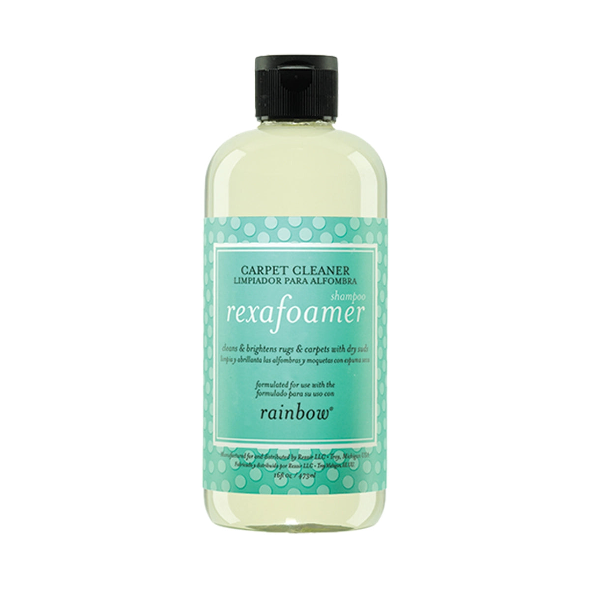Bottle of Rexafoamer carpet cleaner with a green label on a white background