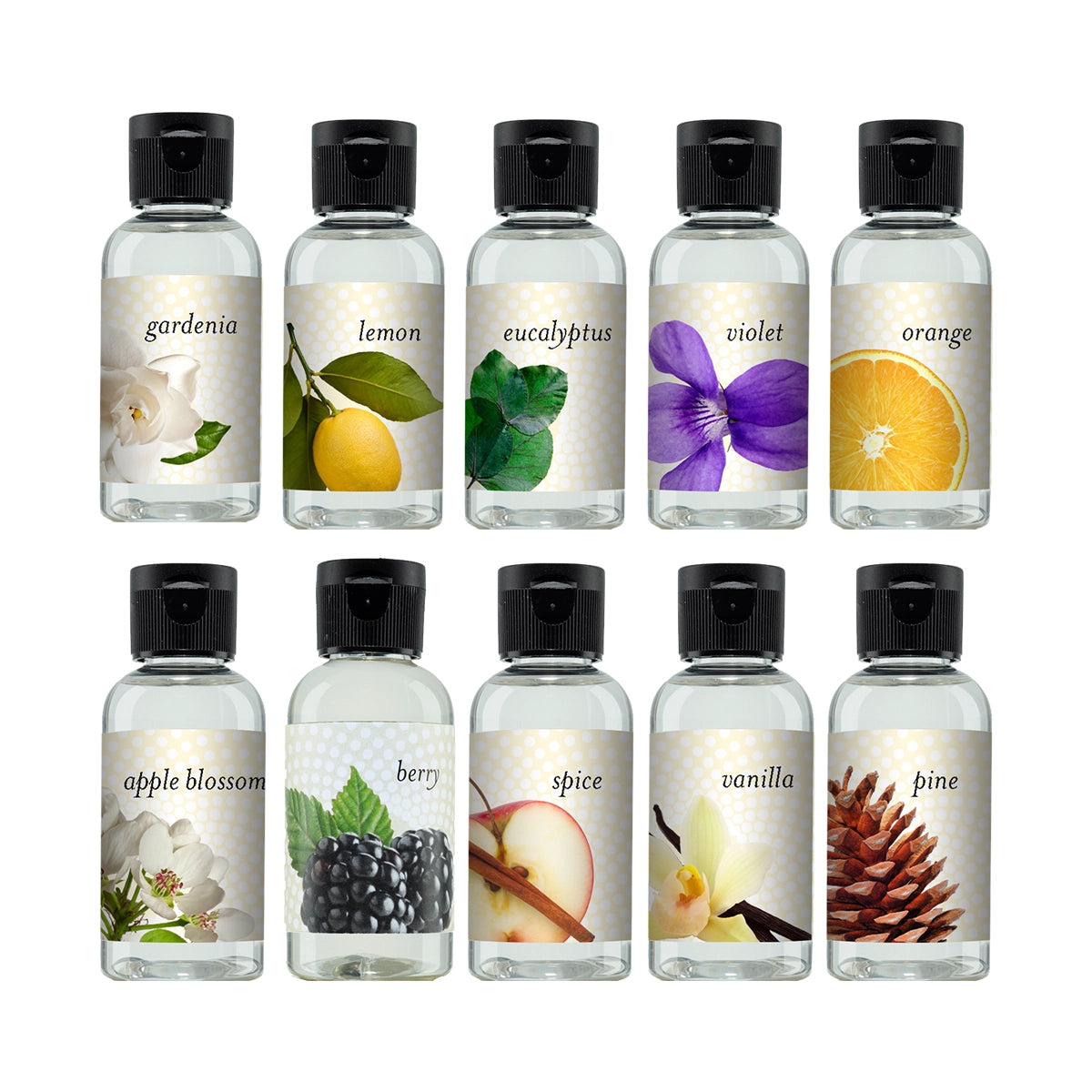 Set of 10 assorted scent bottles with labels of different scents on a white background