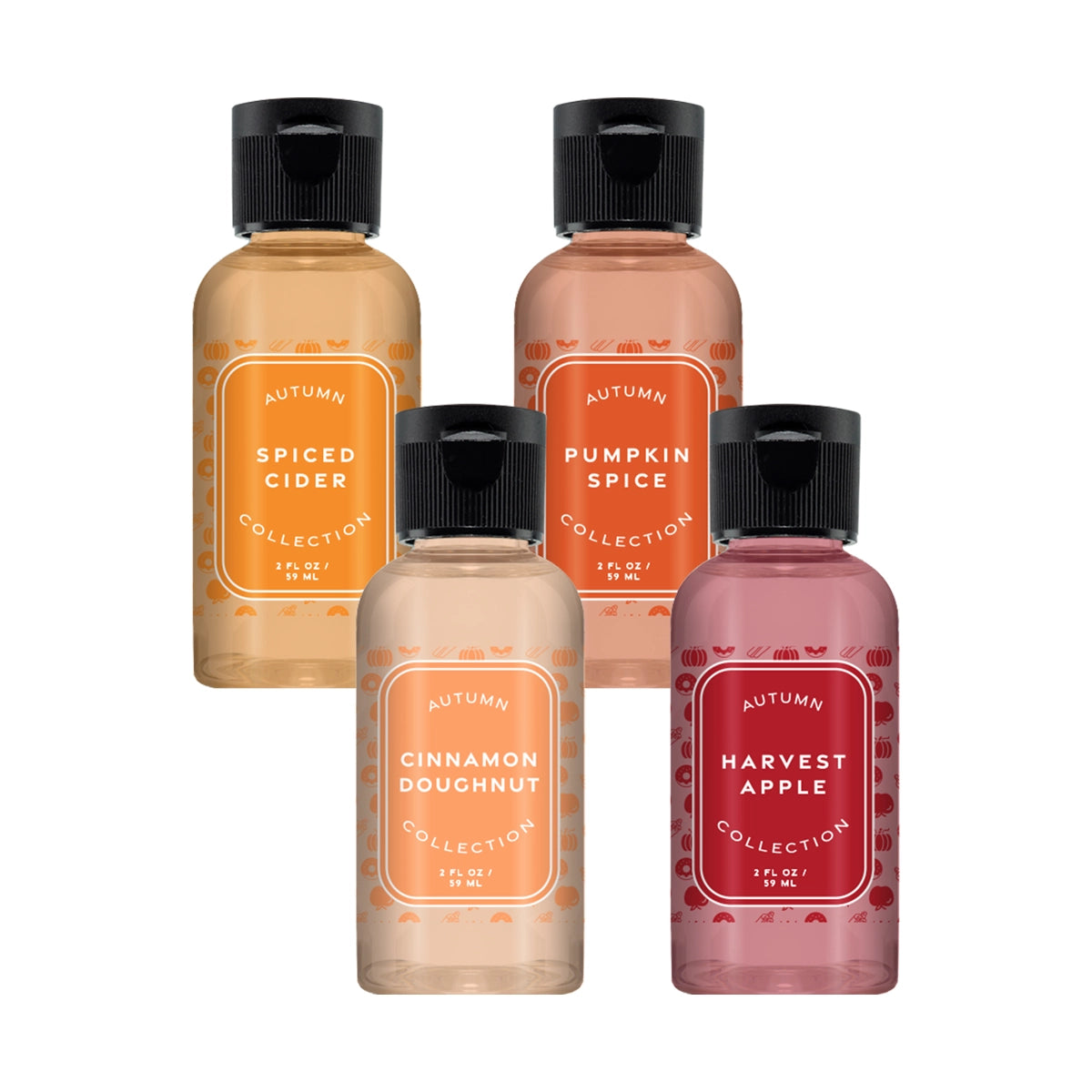 Four bottles of autumn-themed products with labels on a white background