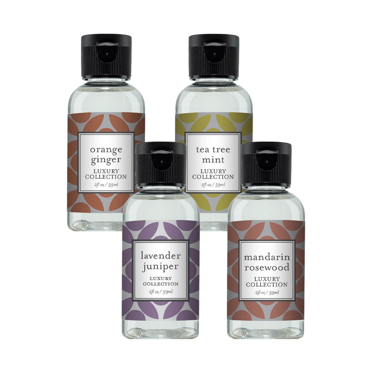 Set of four luxury collection bottles with labels on a white background