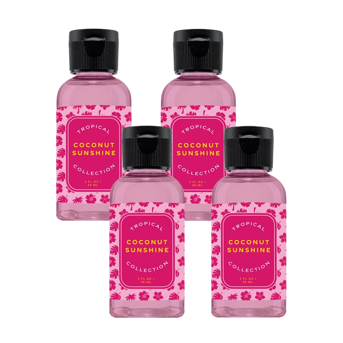 Four bottles of Tropical Coconut Sunshine Collection on a white background