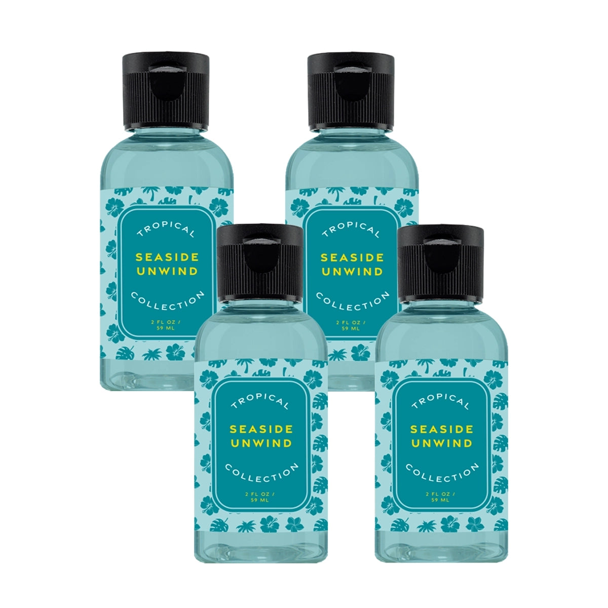 Four bottles of Tropical Seaside Unwind Collection on a white background