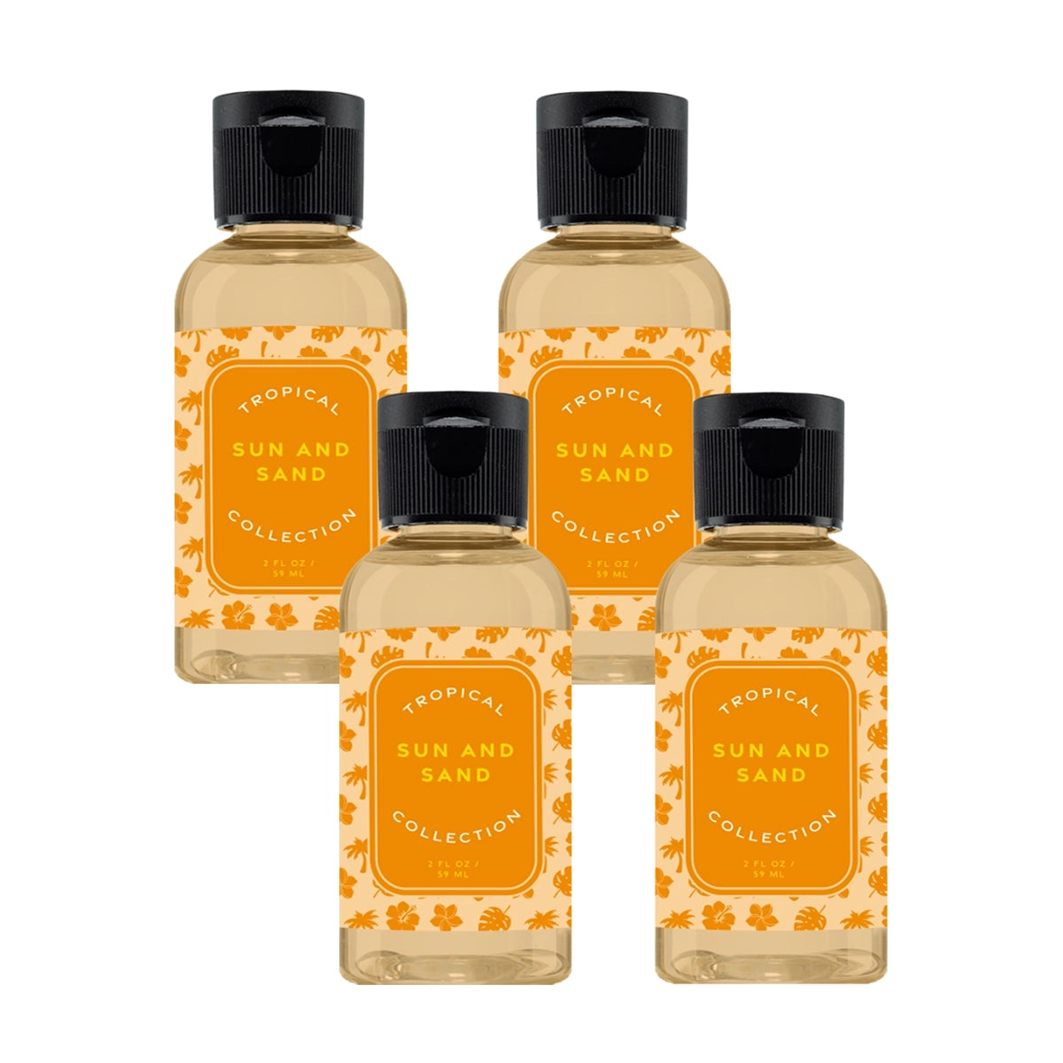 Four bottles of 'Tropical Sun and Sand Collection' on a white background